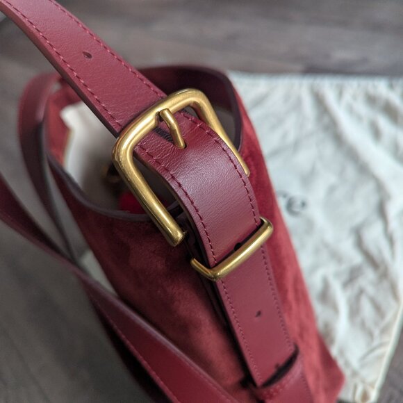 Quince Italian Suede Bucket Crossbody Leather Bag Merlot Burgundy Brass Minimal - Picture 7 of 13